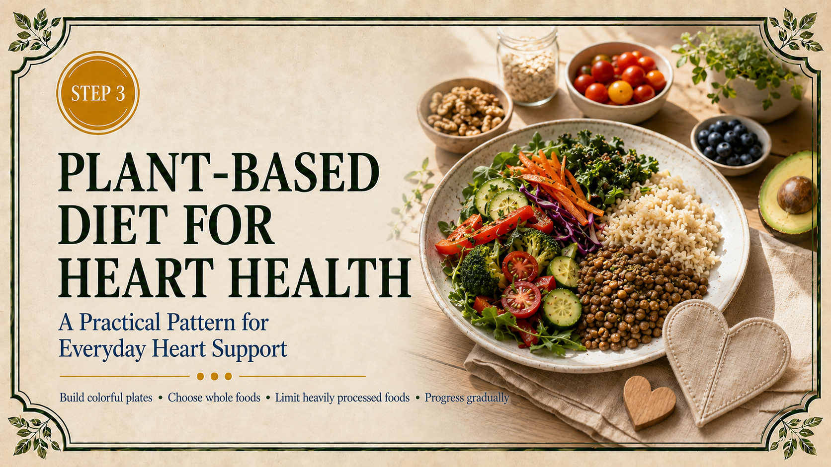 Step 3 heart-health header featuring a balanced plant-based plate with vegetables, whole grains, and lentils.