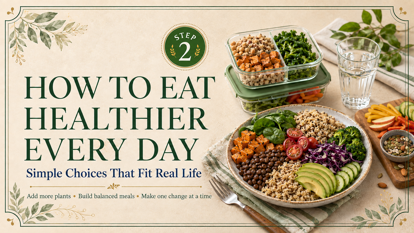 Step 2 healthy eating header featuring balanced whole-food meals, meal-preparation containers, fresh produce, and water