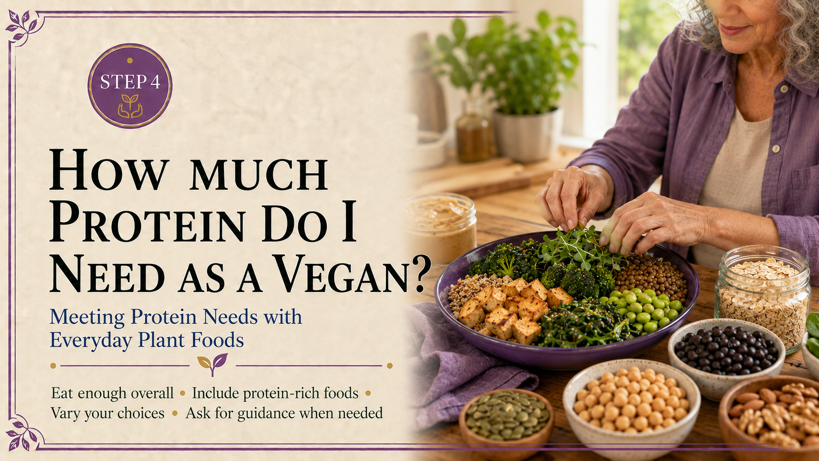 Step 4 vegan-protein header featuring an older woman assembling a meal with tofu, lentils, edamame, beans, grains, nuts, and seeds.