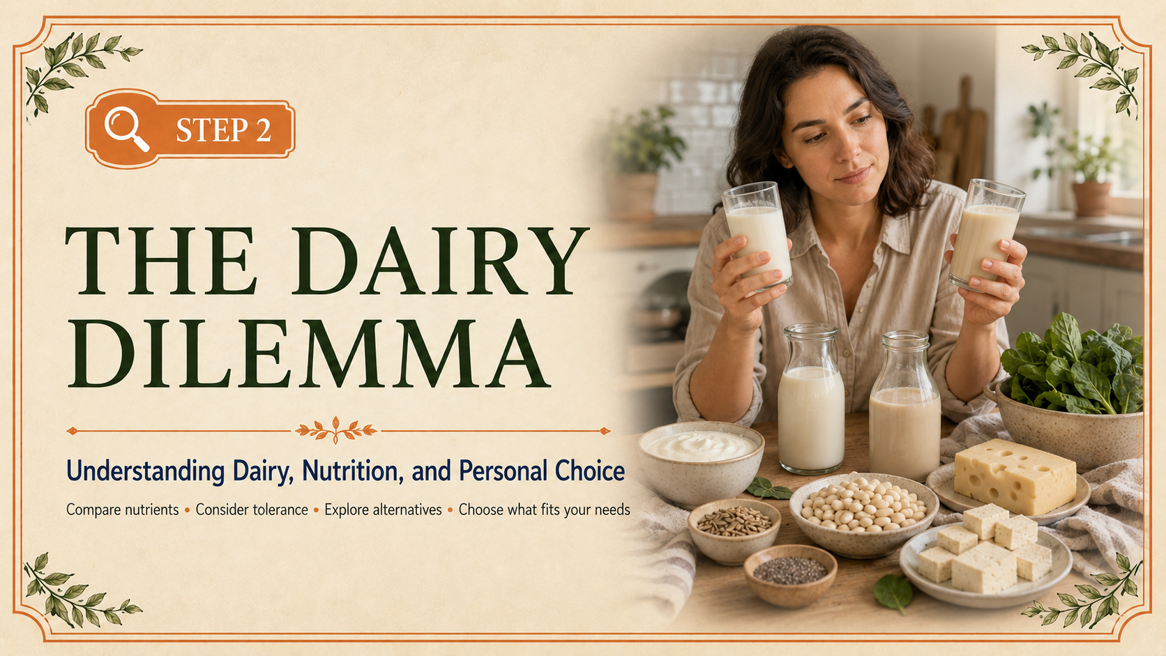 Step 2 header showing an adult comparing dairy milk and plant-based milk alongside dairy foods and plant-based alternatives
