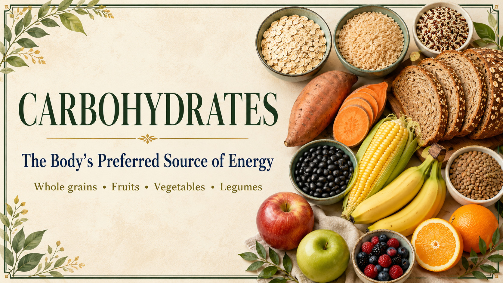 Carbohydrates header featuring whole grains, fruits, vegetables, and legumes as sources of energy