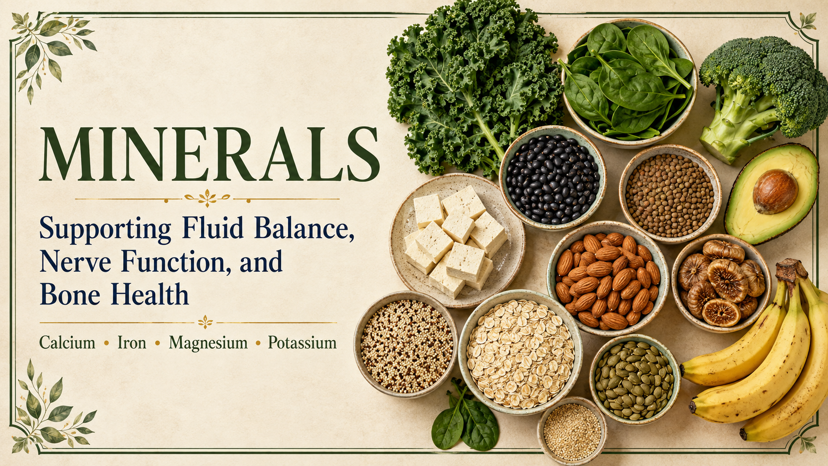 Minerals header featuring leafy greens, beans, tofu, nuts, seeds, whole grains, avocado, and bananas