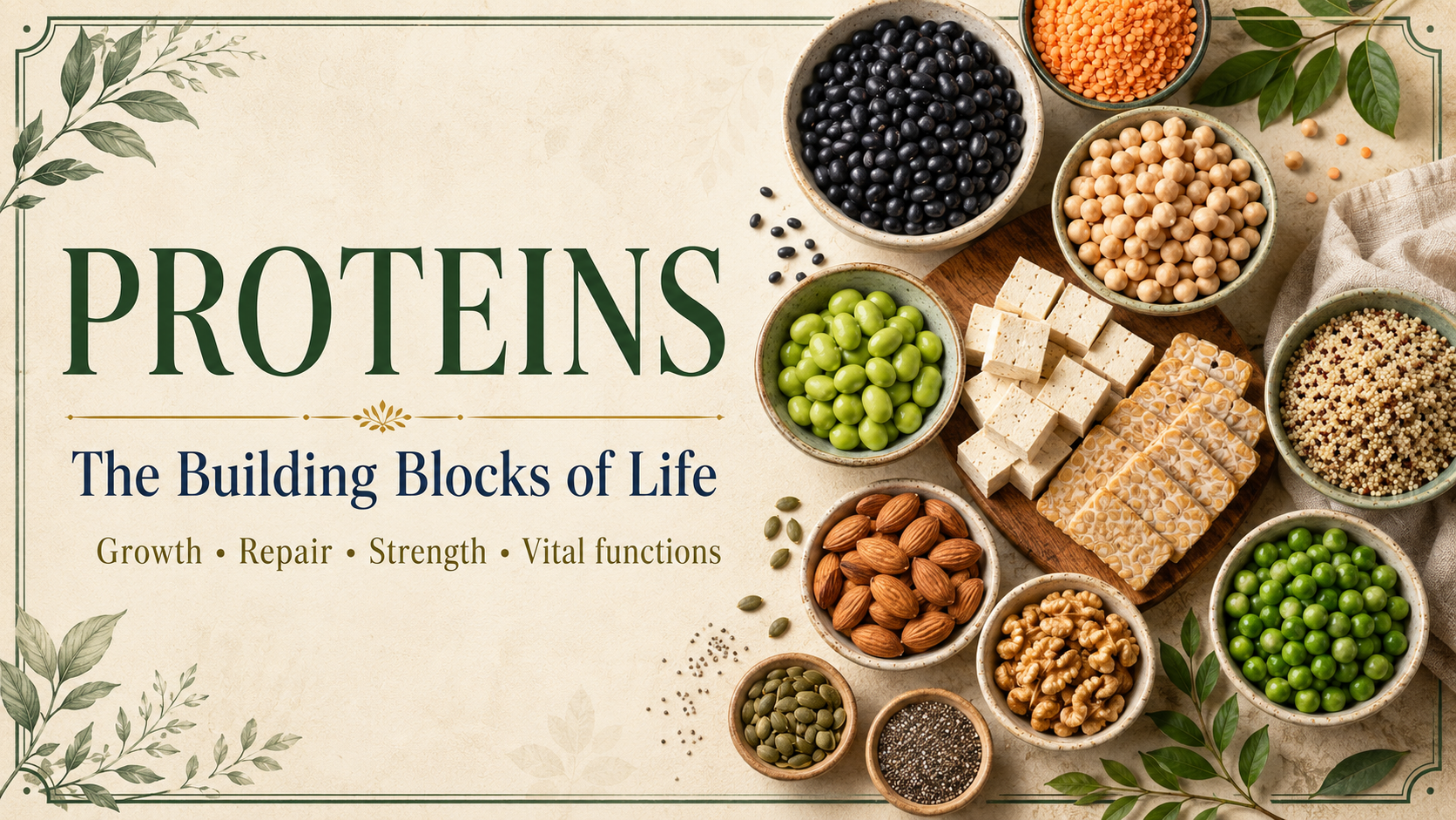 Proteins header featuring beans, lentils, tofu, tempeh, quinoa, nuts, seeds, and peas