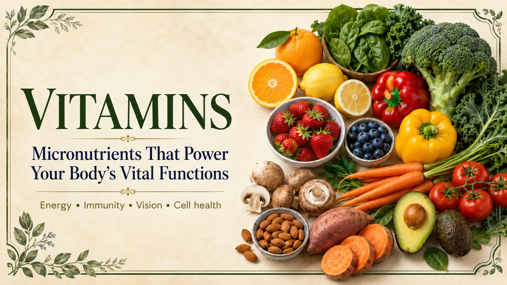 Vitamins header featuring colorful fruits and vegetables that provide essential micronutrients