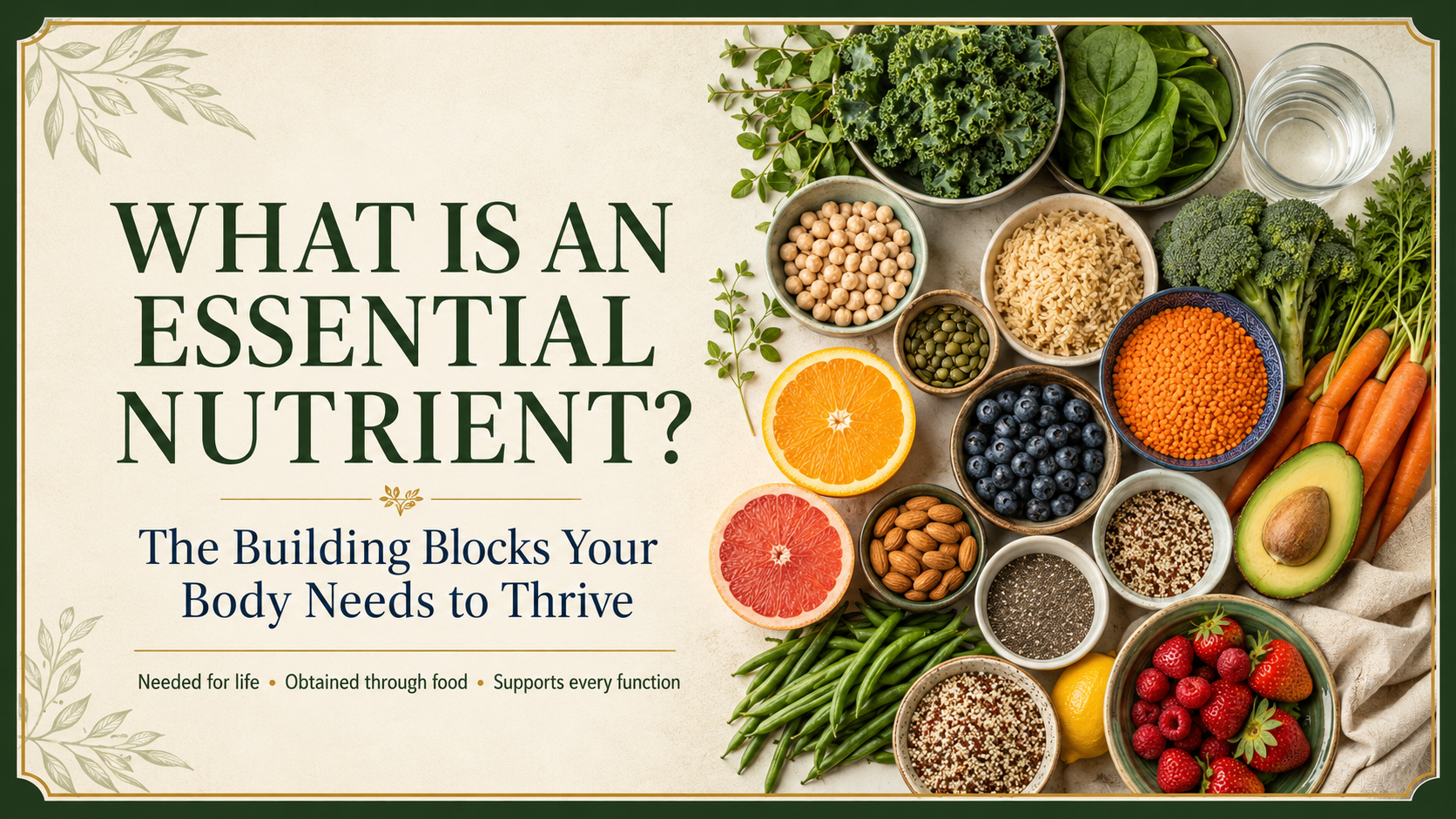 What Is an Essential Nutrient header featuring varied whole foods and water that provide nutrients the body needs