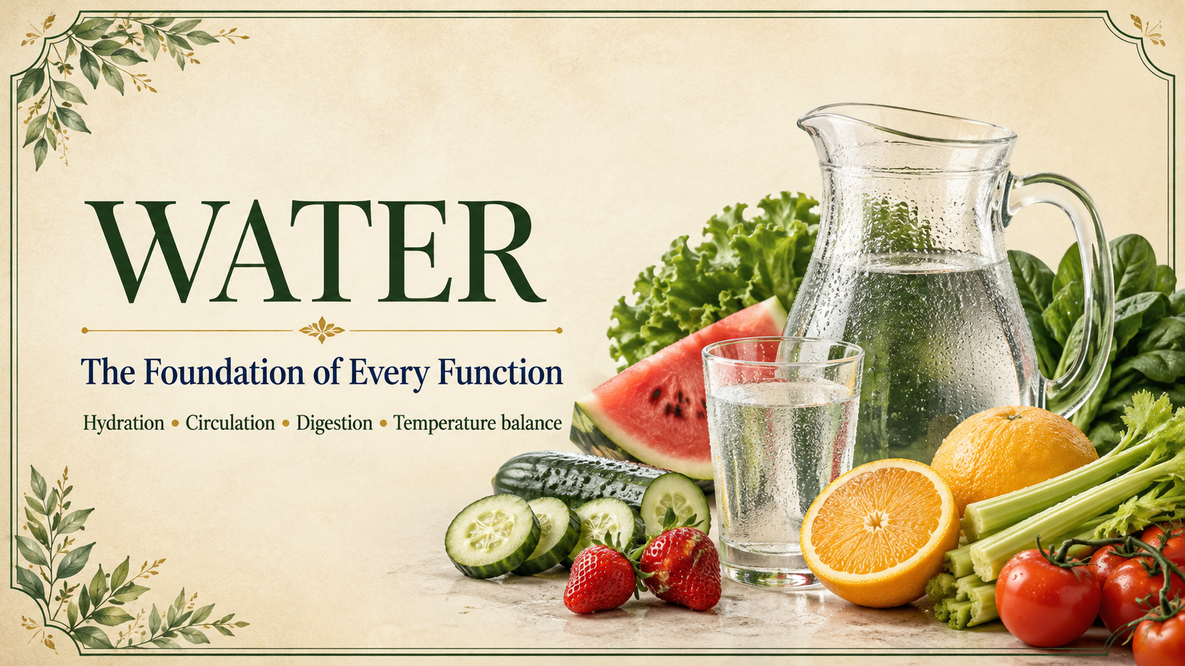 Water header featuring fresh drinking water and water-rich fruits and vegetables