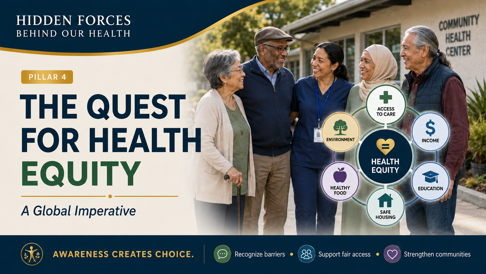 Pillar 4 header showing diverse older adults and a community health worker beside a diagram of social and environmental factors influencing health equity.