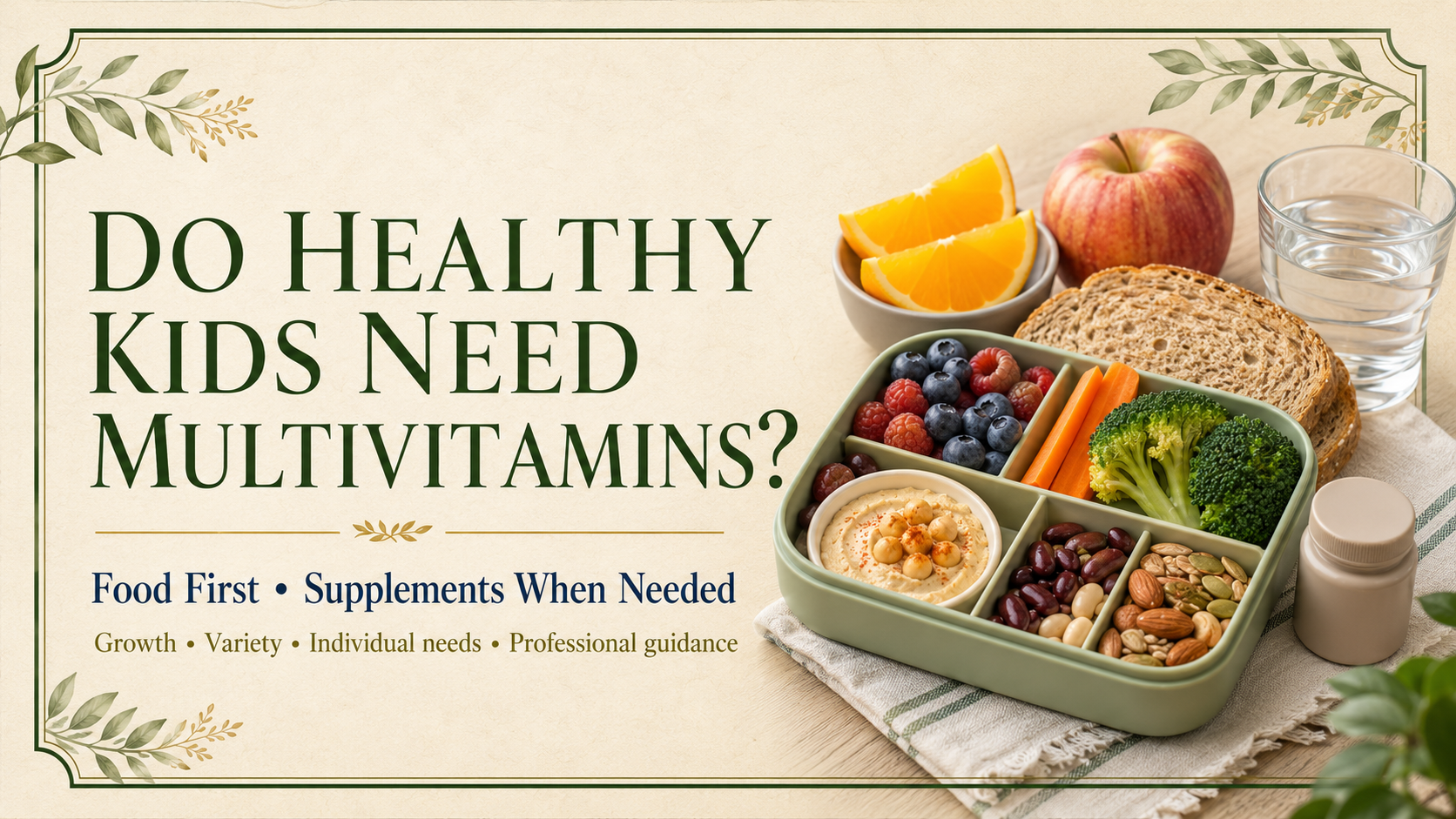 Healthy children and multivitamins header featuring a colorful whole-food lunch and a small supplement container