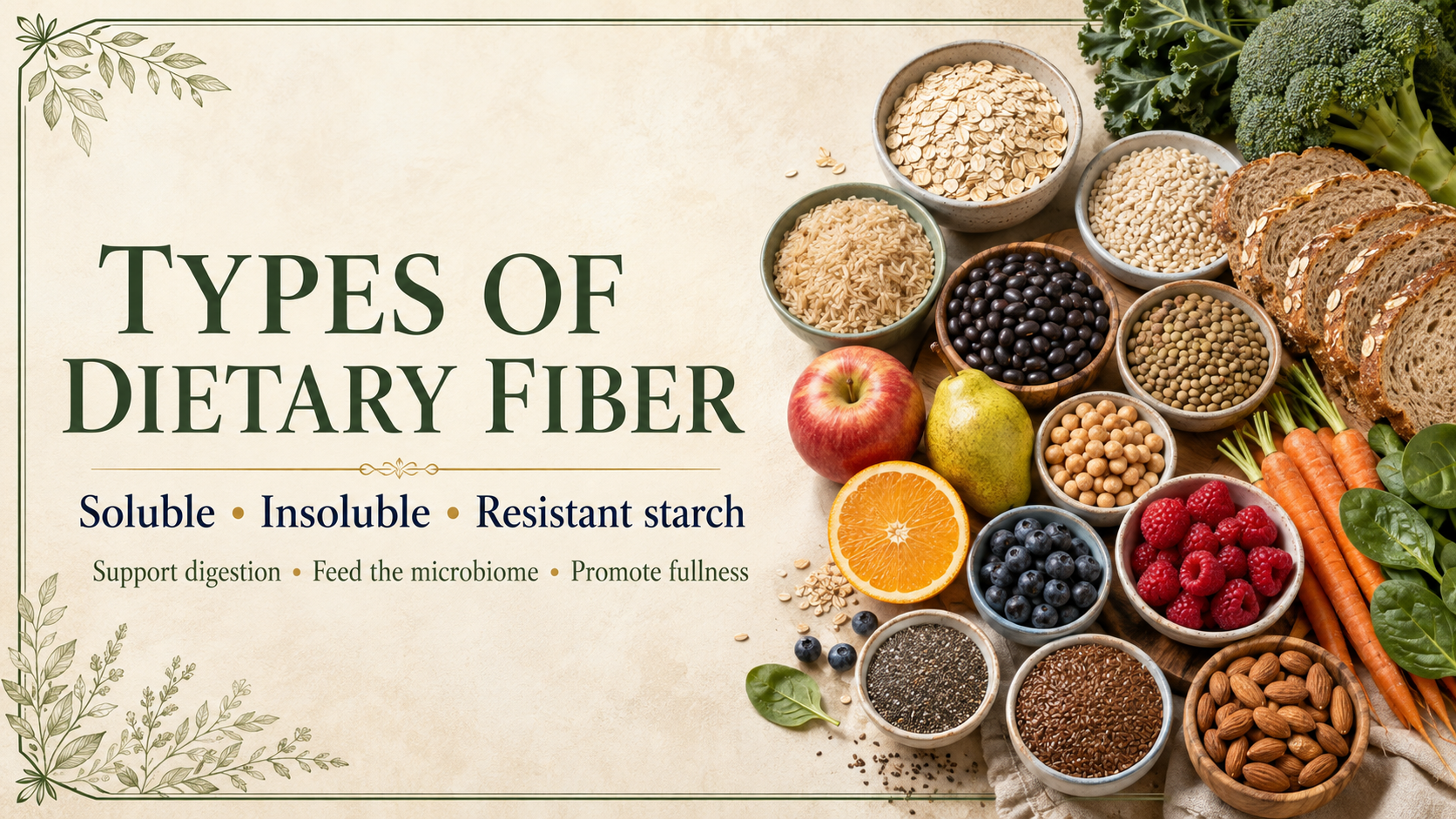 Types of dietary fiber header featuring fiber-rich whole grains, beans, fruits, vegetables, nuts, and seeds