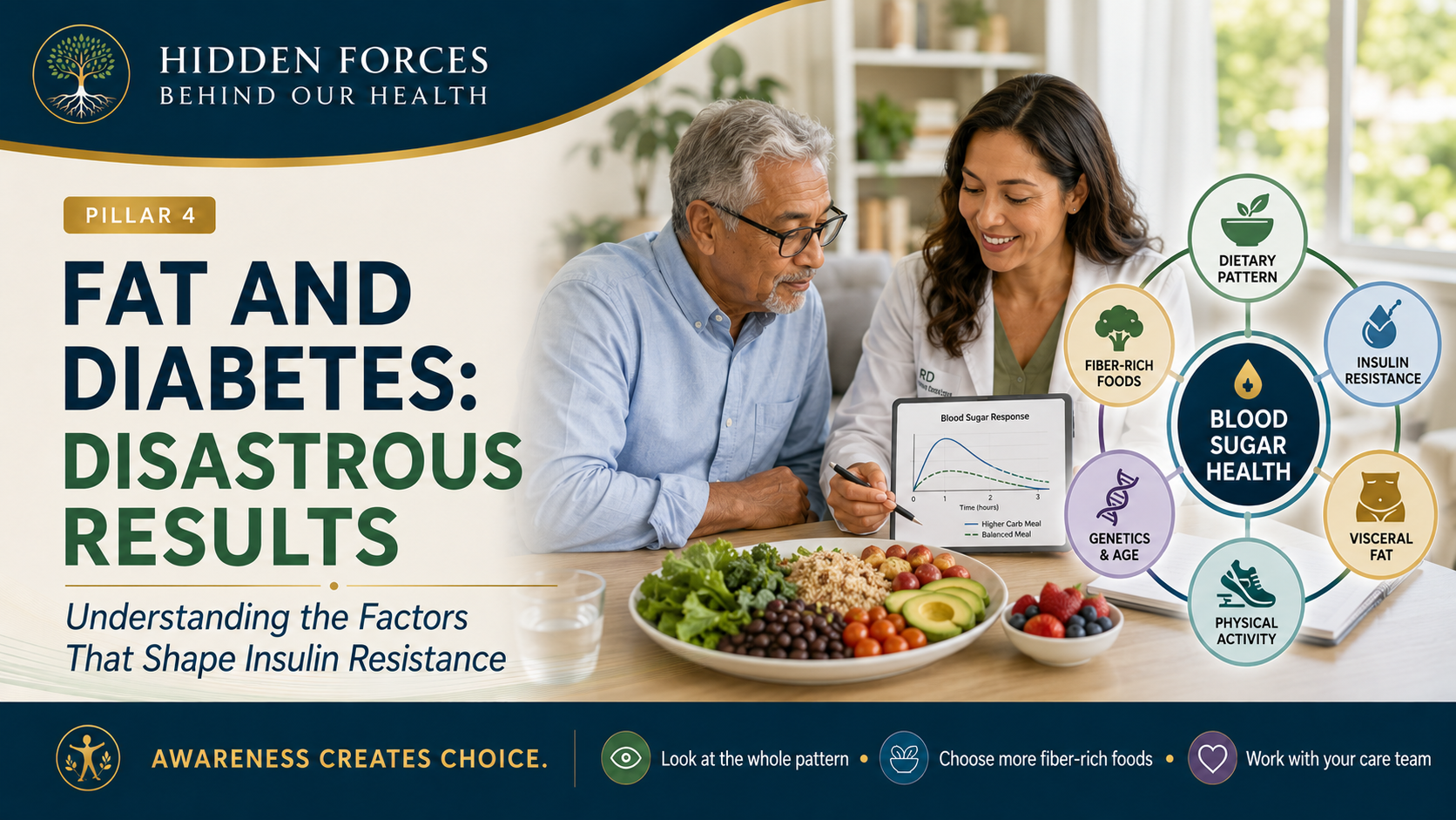 Pillar 4 header showing an older adult discussing blood-sugar health and a fiber-rich meal with a dietitian beside a diagram of factors influencing insulin resistance.