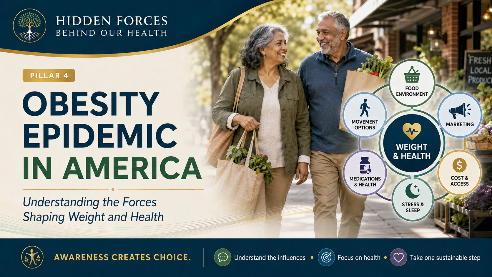 Pillar 4 header showing two older adults walking with fresh groceries beside a diagram of environmental, economic, medical, and lifestyle influences on weight and health.