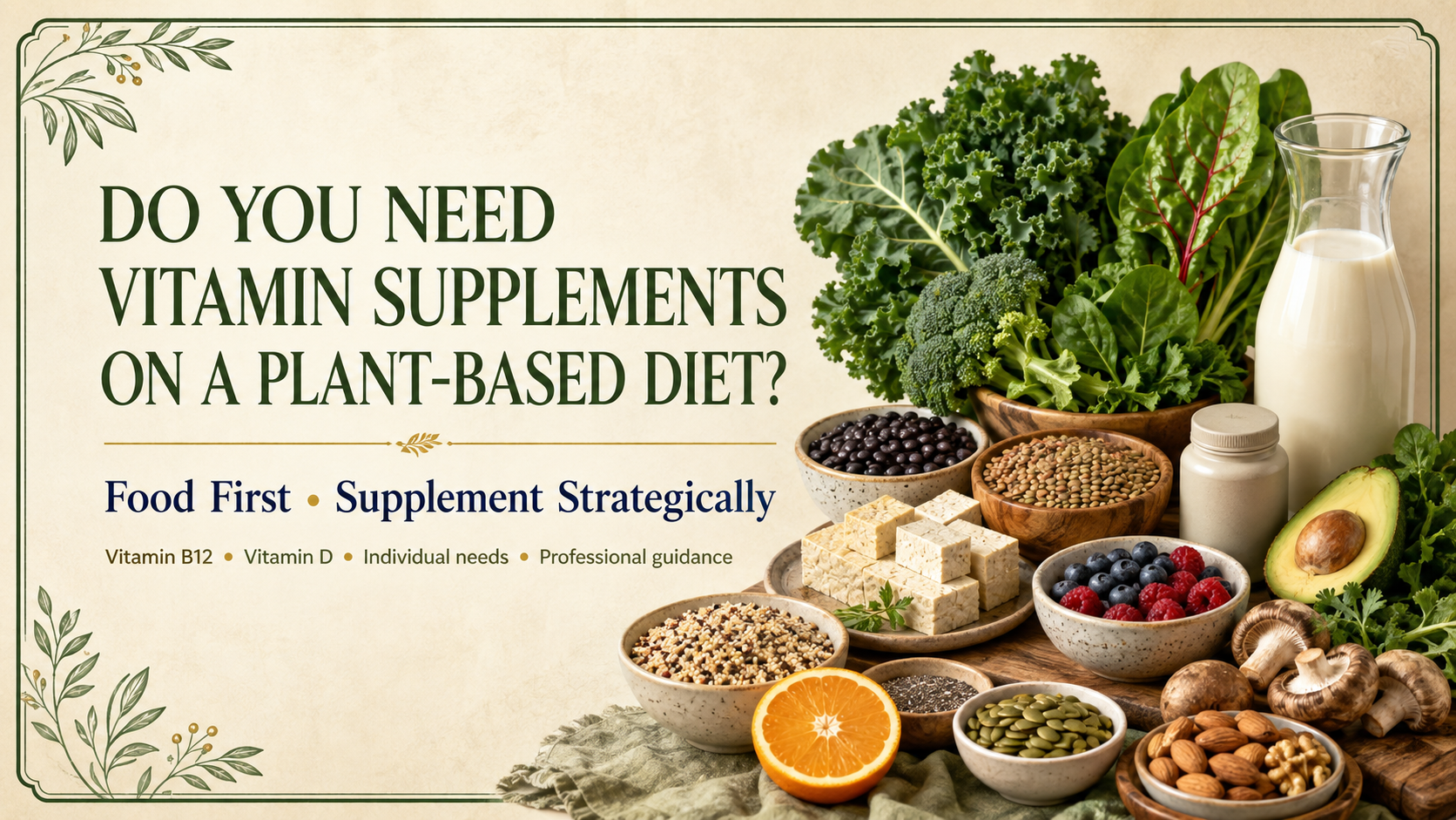 Plant-based diet supplements header featuring leafy greens, beans, tofu, whole grains, fruit, nuts, seeds, fortified plant milk, and a supplement container