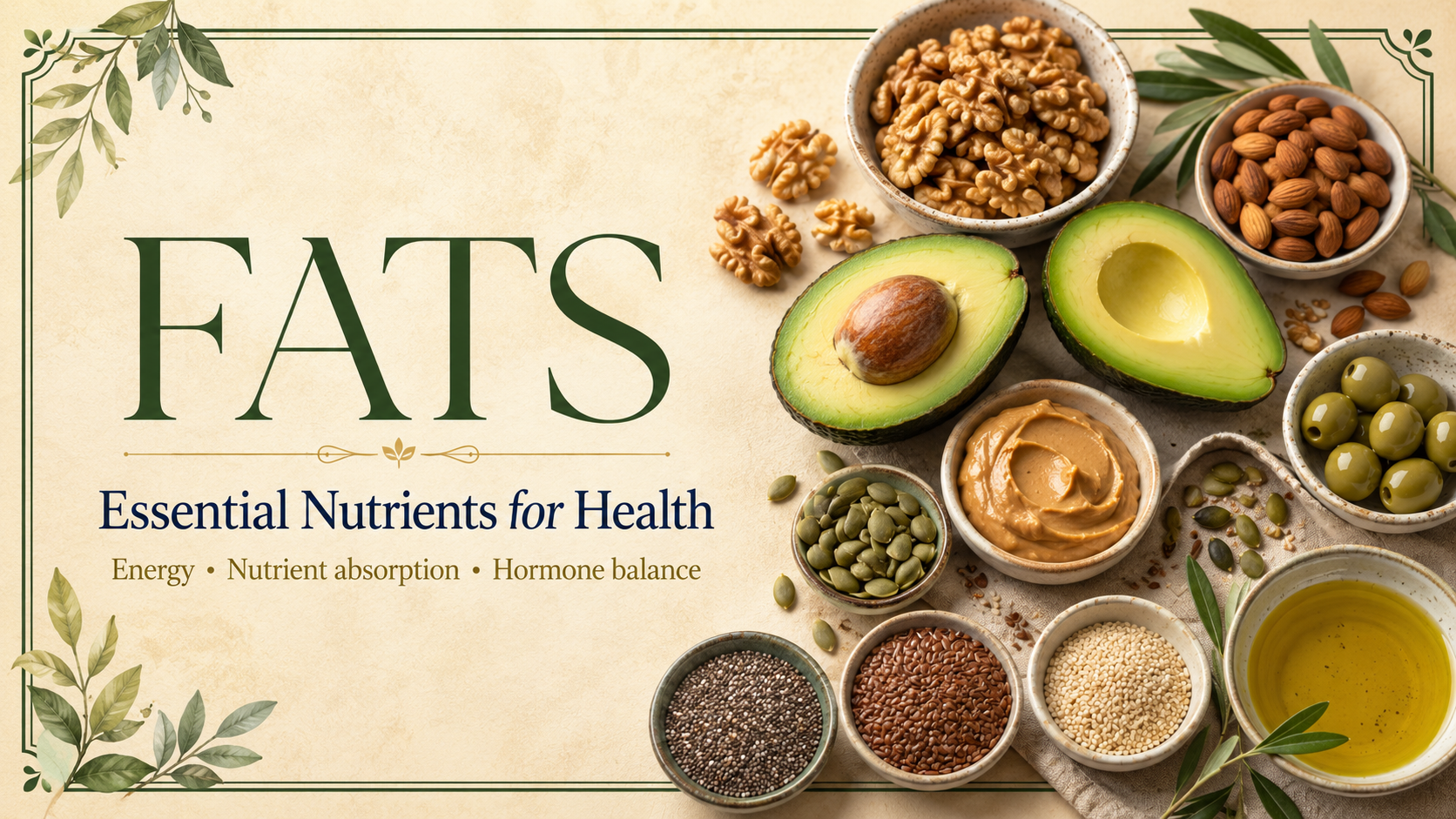 Fats header featuring avocados, nuts, seeds, olives, and other healthy plant-based fat sources