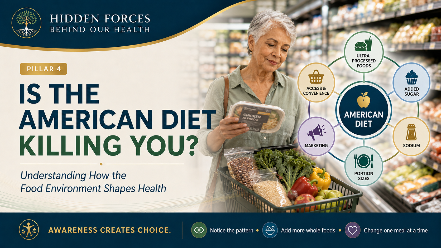 Pillar 4 header showing an older shopper comparing a packaged meal with whole foods beside a diagram of the influences shaping the American diet.