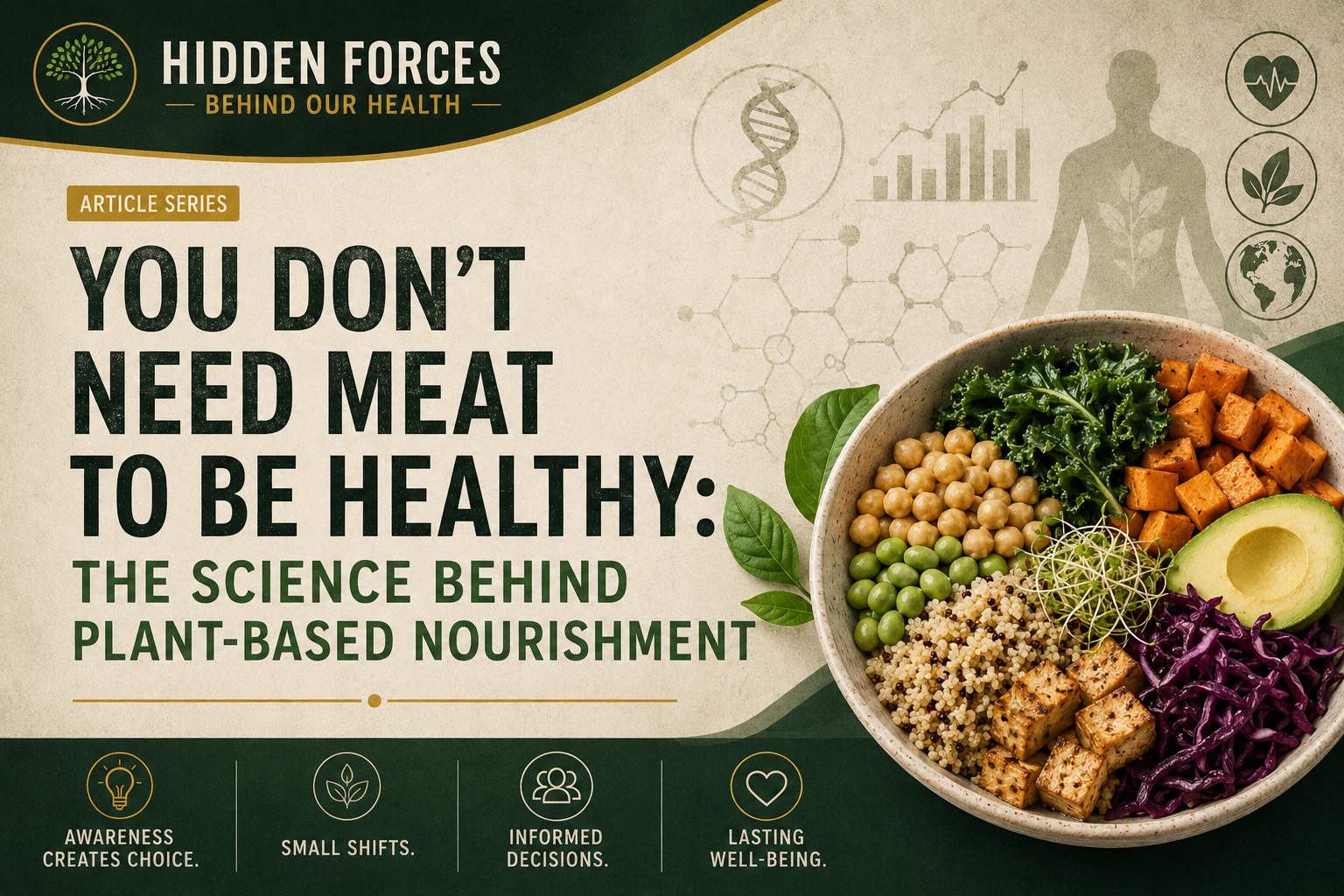 Hidden Forces header graphic for “You Don’t Need Meat to Be Healthy,” featuring a colorful bowl of plant-based foods alongside science and health imagery representing the benefits of plant-based nourishment.