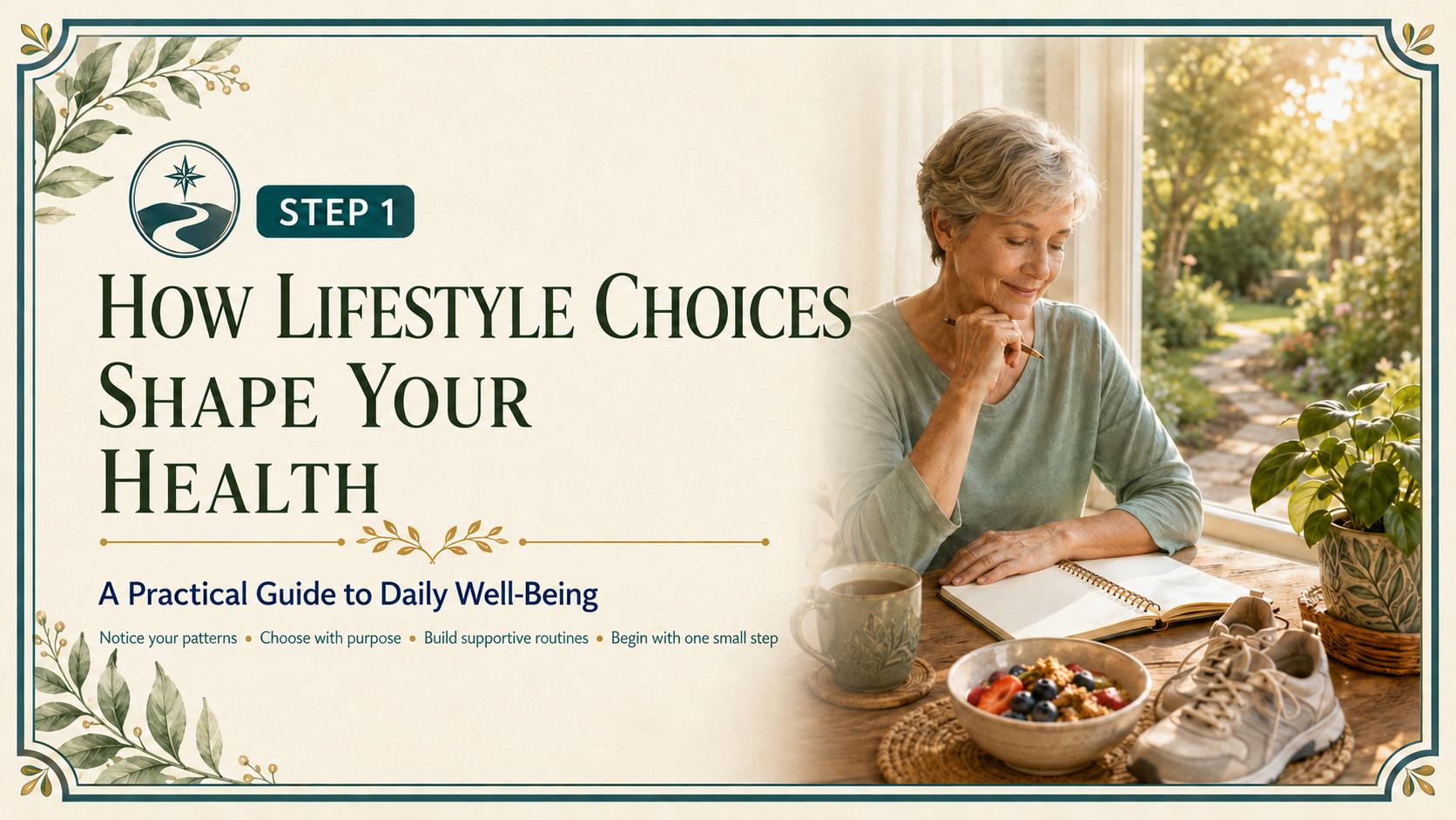 Step 1 header showing an older adult reflecting in a journal beside a healthy breakfast, walking shoes, a houseplant, and a sunlit garden path.