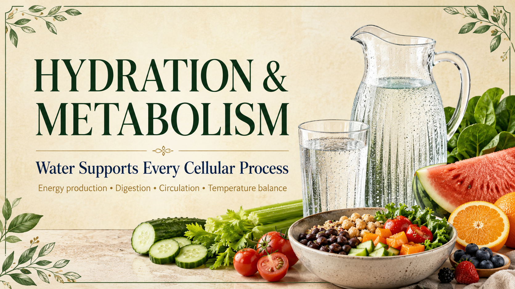 Hydration and metabolism header featuring drinking water, water-rich produce, and a balanced whole-food meal