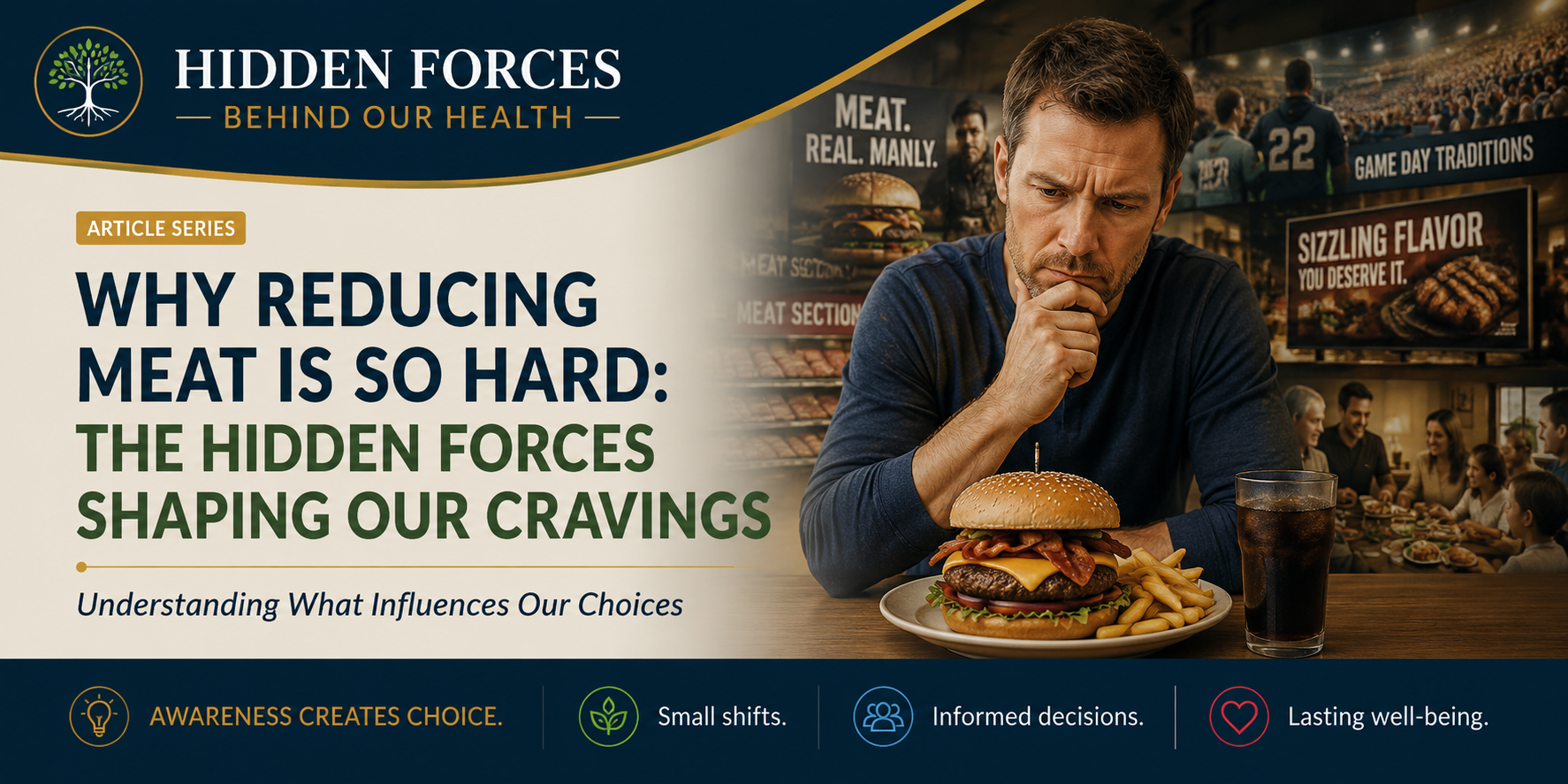 Why Reducing Meat Is So Hard — Hidden Forces Behind Our Health graphic showing how marketing, sports traditions, family culture, and food environments influence meat cravings.