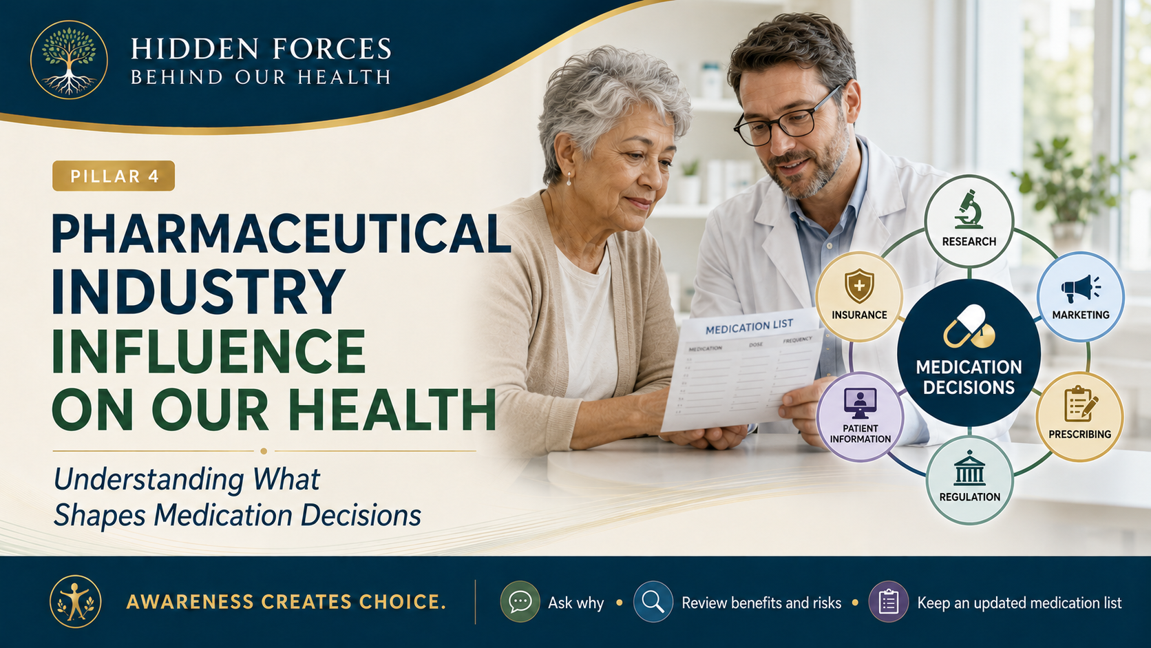 Pillar 4 header showing an older adult reviewing a medication list with a healthcare professional beside a diagram of the forces shaping medication decisions.