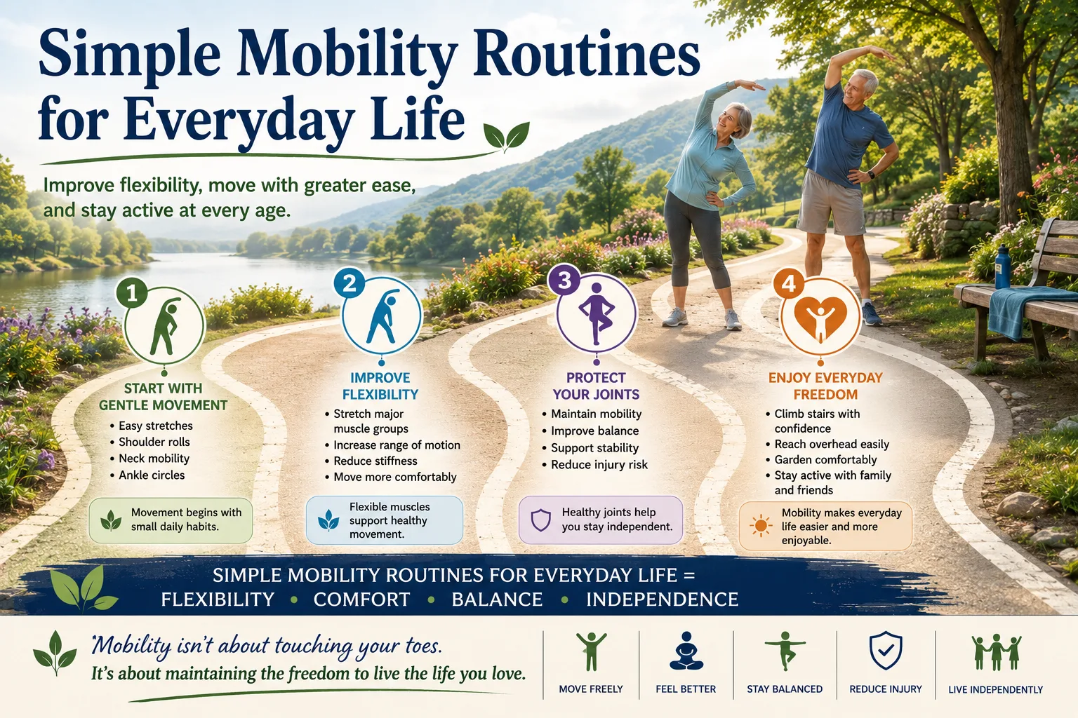 Header showing an older adult practicing gentle mobility exercises for flexibility and comfortable everyday movement