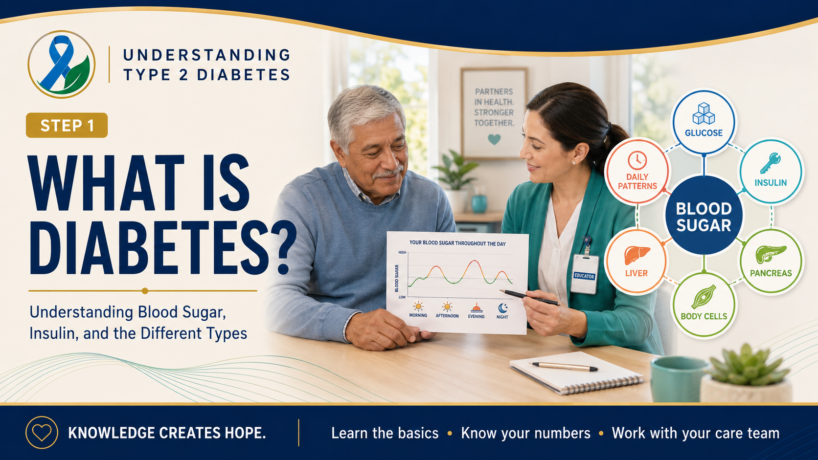 Step 1 diabetes header showing an older adult learning about blood-sugar patterns with a diabetes educator beside a diagram of glucose, insulin, the pancreas, liver, body cells, and daily patterns.
