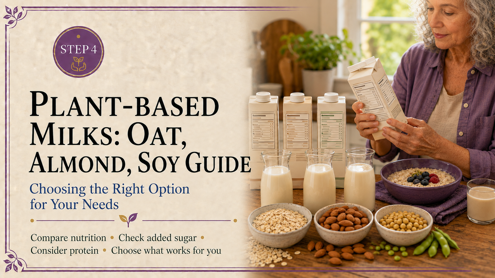 Step 4 plant-based milk guide featuring oat, almond, and soy milks with their source ingredients and an older woman comparing nutrition panels.
