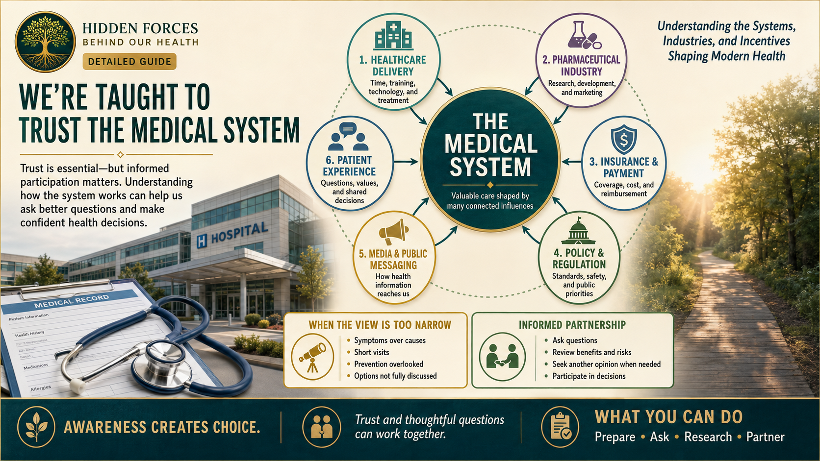 How the Medical System Shapes Health Detailed infographic showing how healthcare delivery, the pharmaceutical industry, insurance, regulation, public messaging, and patient experience influence the medical system.