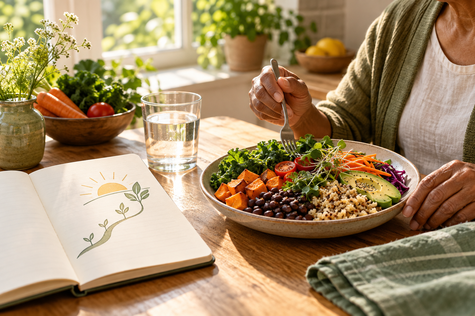 An older adult sits with a bowl of vegetables, beans, and grains beside a glass of water and an open notebook.