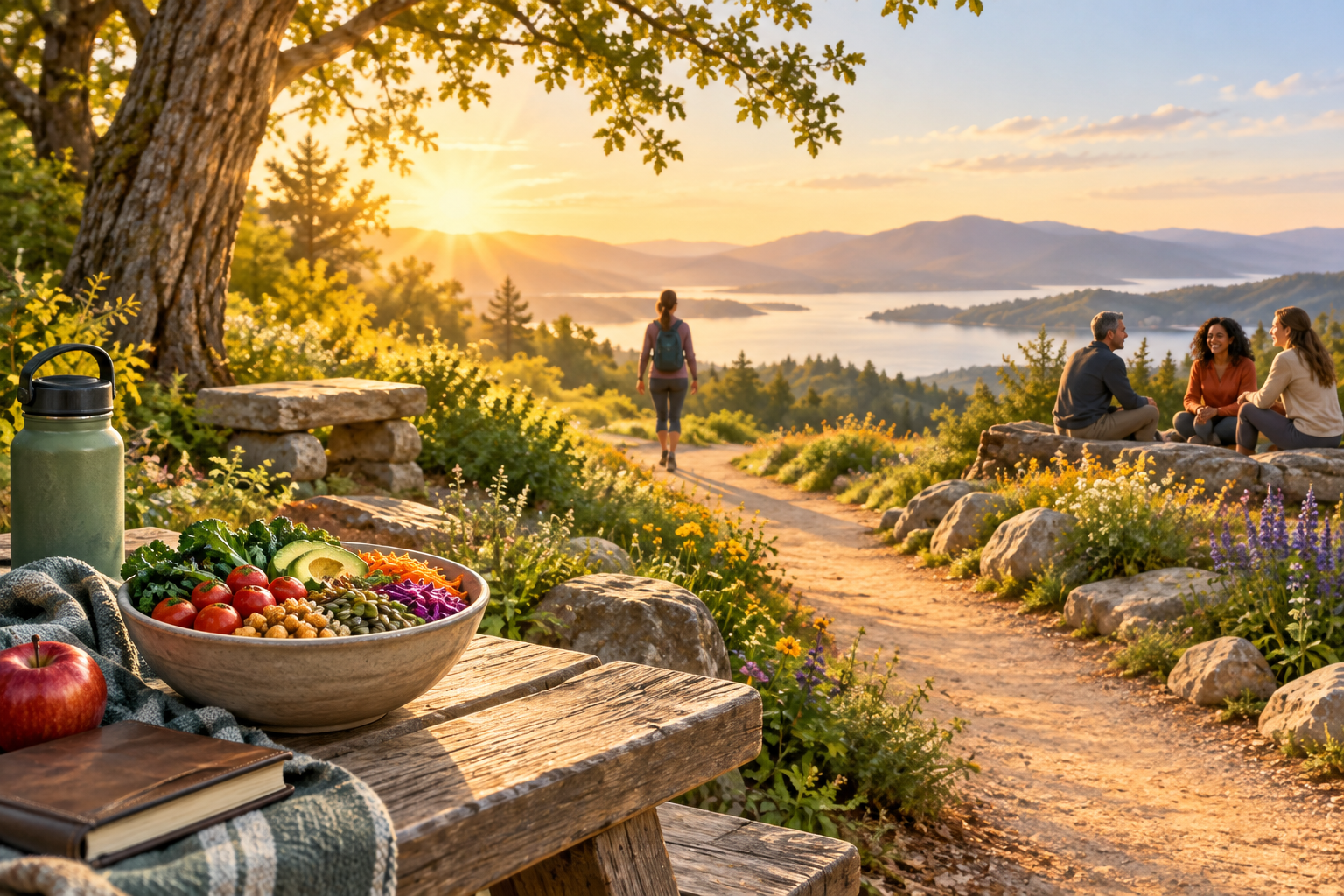 A sunlit path beside a bowl of whole foods, with people walking and connecting outdoors.