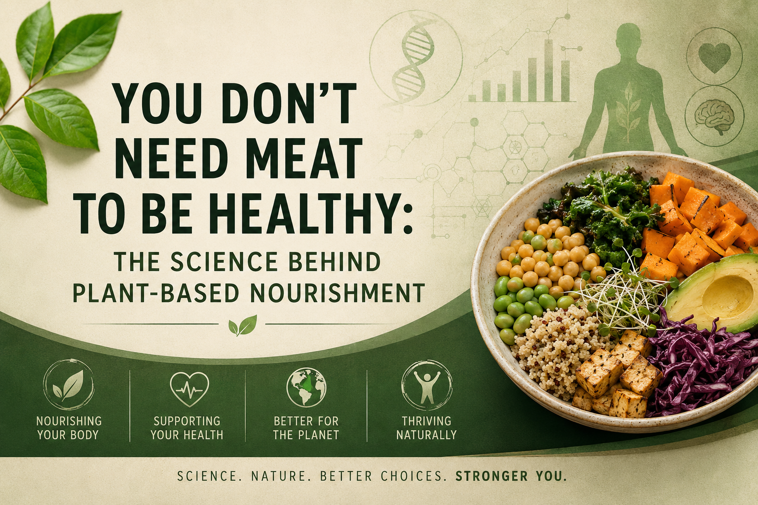 Plant-based nourishment graphic featuring a colorful bowl of whole foods with chickpeas, greens, quinoa, avocado, tofu, and vegetables, highlighting the science and health benefits of eating without meat.